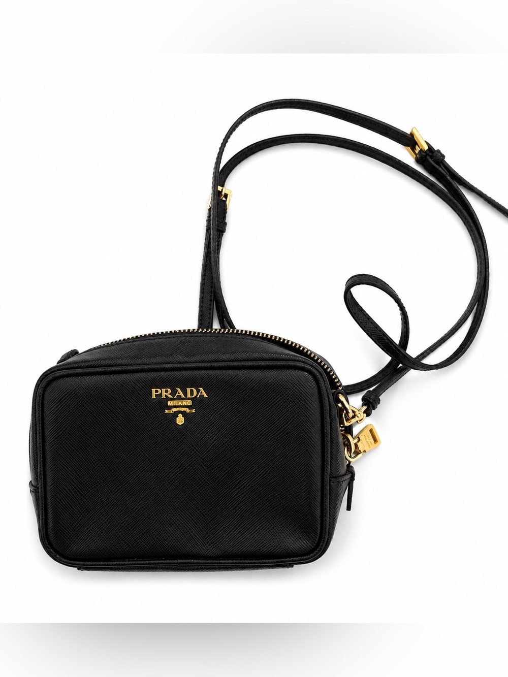 Prada Black Saffiano Leather Camera Crossbody with Gold Hardware